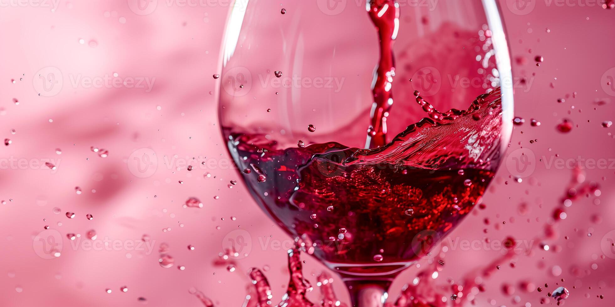 AI generated A glass of red wine in close-up on a pink background. Splashes of wine, pouring wine. Ai generated. photo