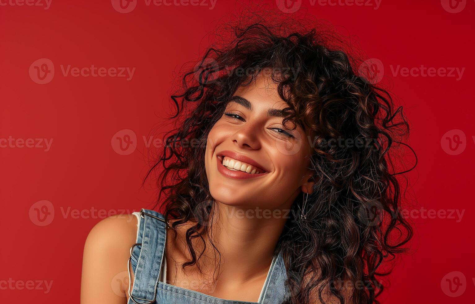 AI generated Dark-haired curly-haired young woman posing in close-up on a monochrome background, portrait, model. AI generated. photo