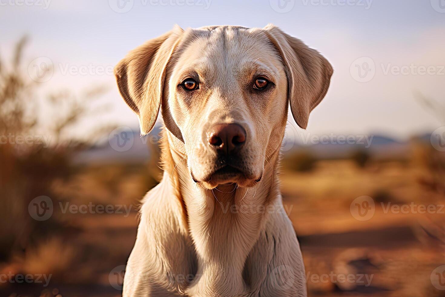 AI generated Portrait of a white Labrador retriever on a nature, cropped photo, natural light. Ai art photo