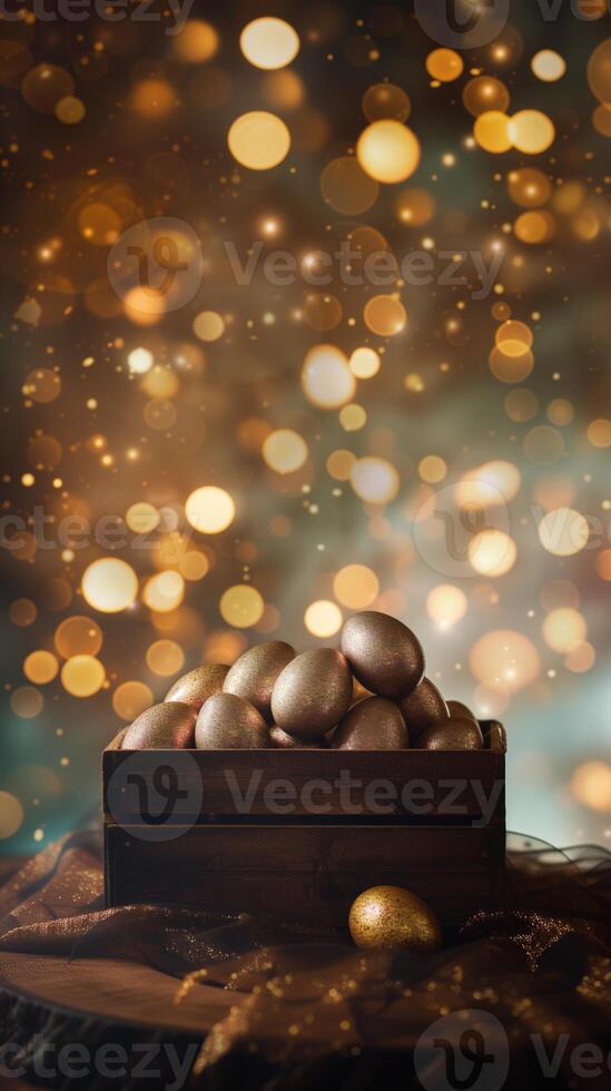 AI generated Wooden box with golden eggs background photo