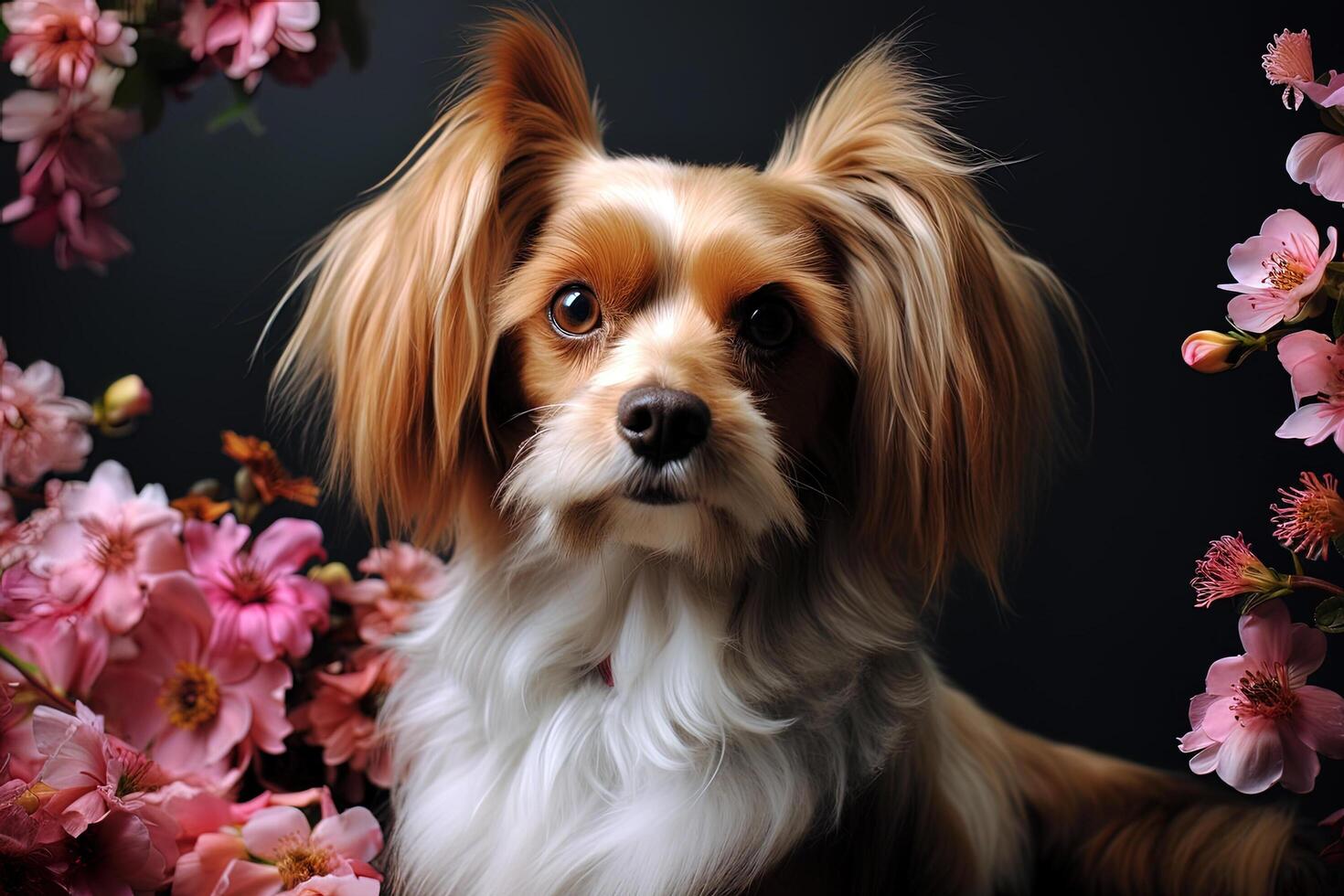 AI generated Orchid dog on a black floral background photo