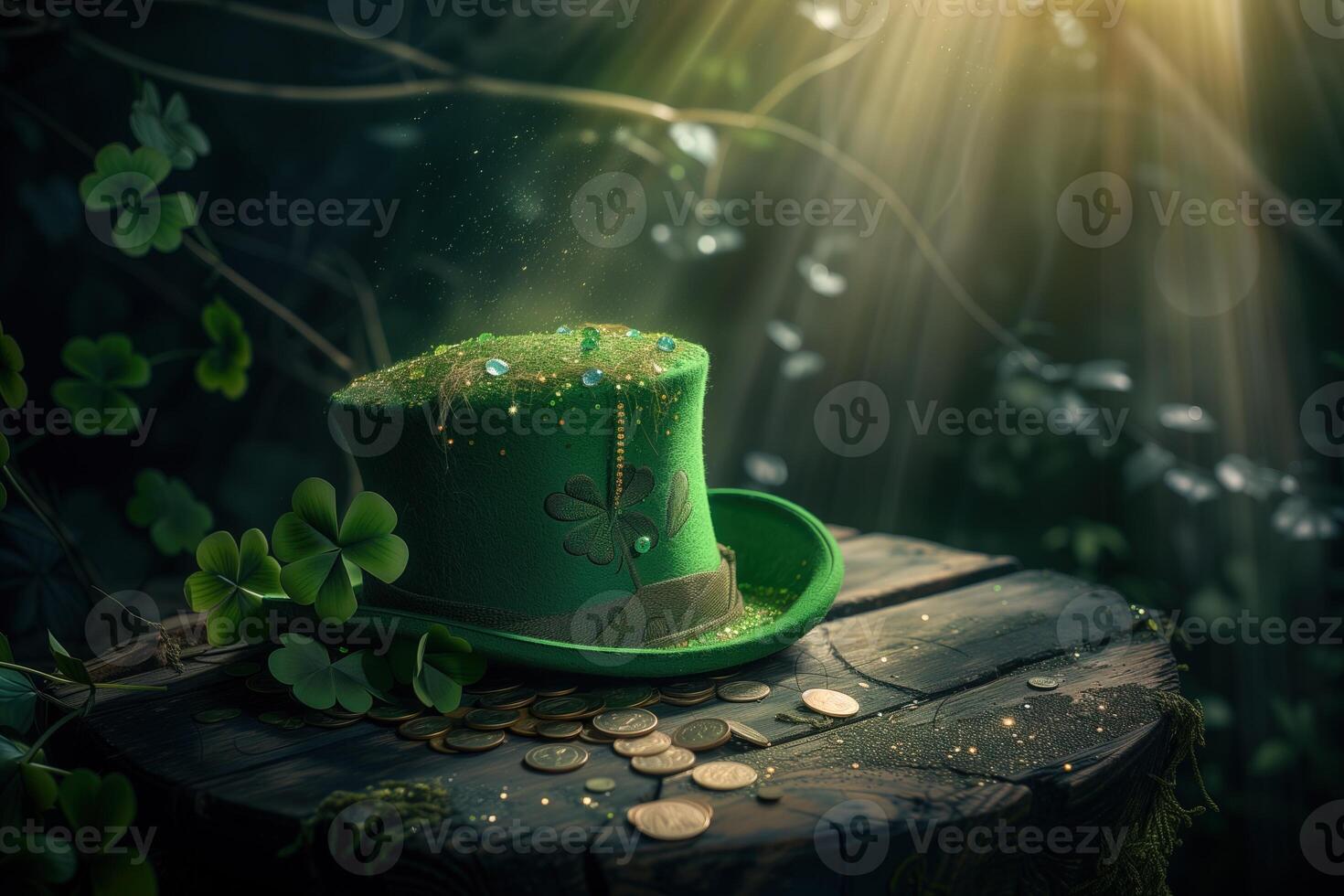 AI generated Green Leprechauns hat on wood table in dark tones photo