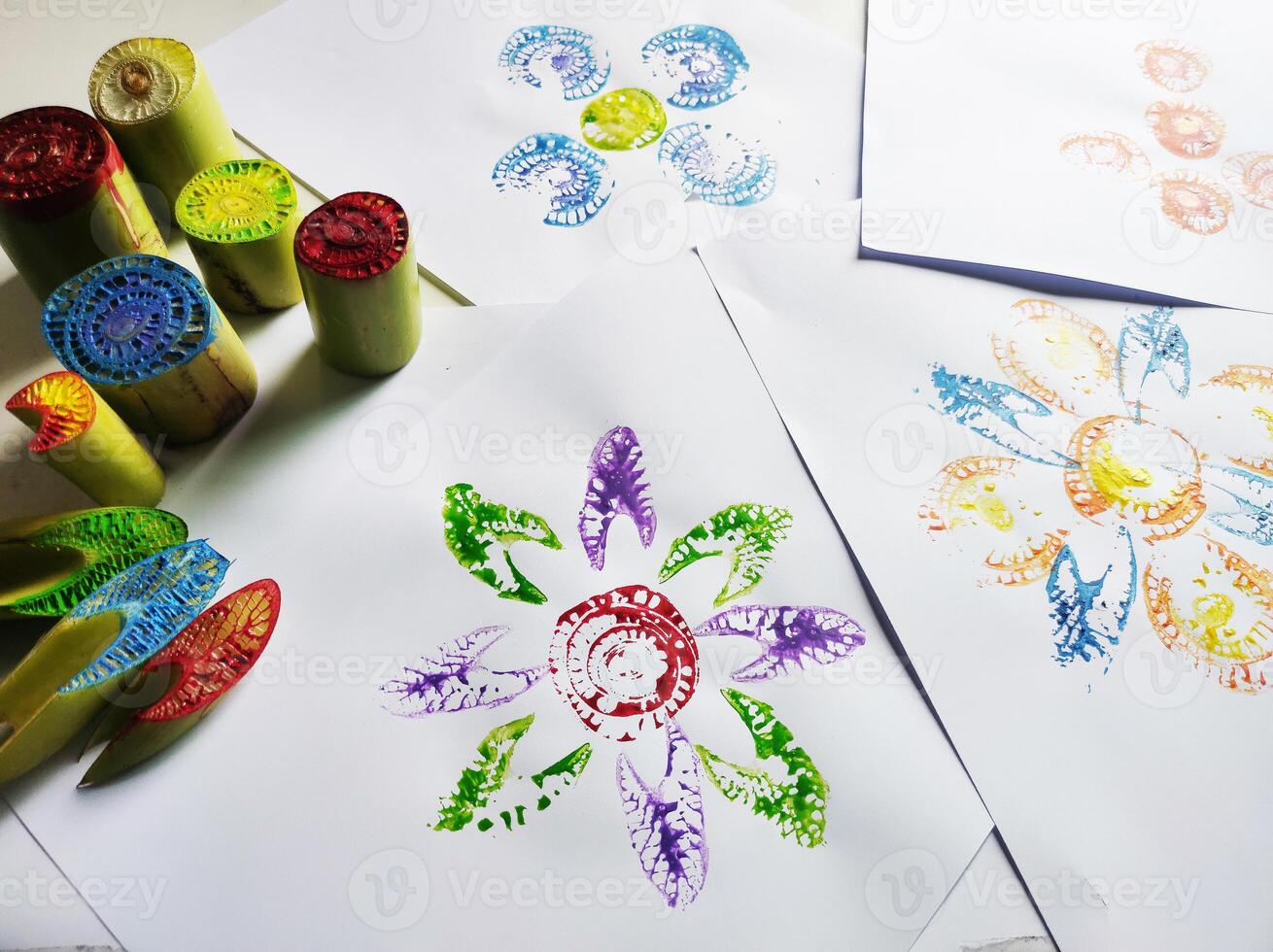 Art for kids beginner monoprint easy flower from banana tree. photo