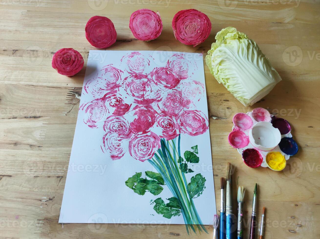 Rose watercolor painting and monoprint from chinese cabbage. photo