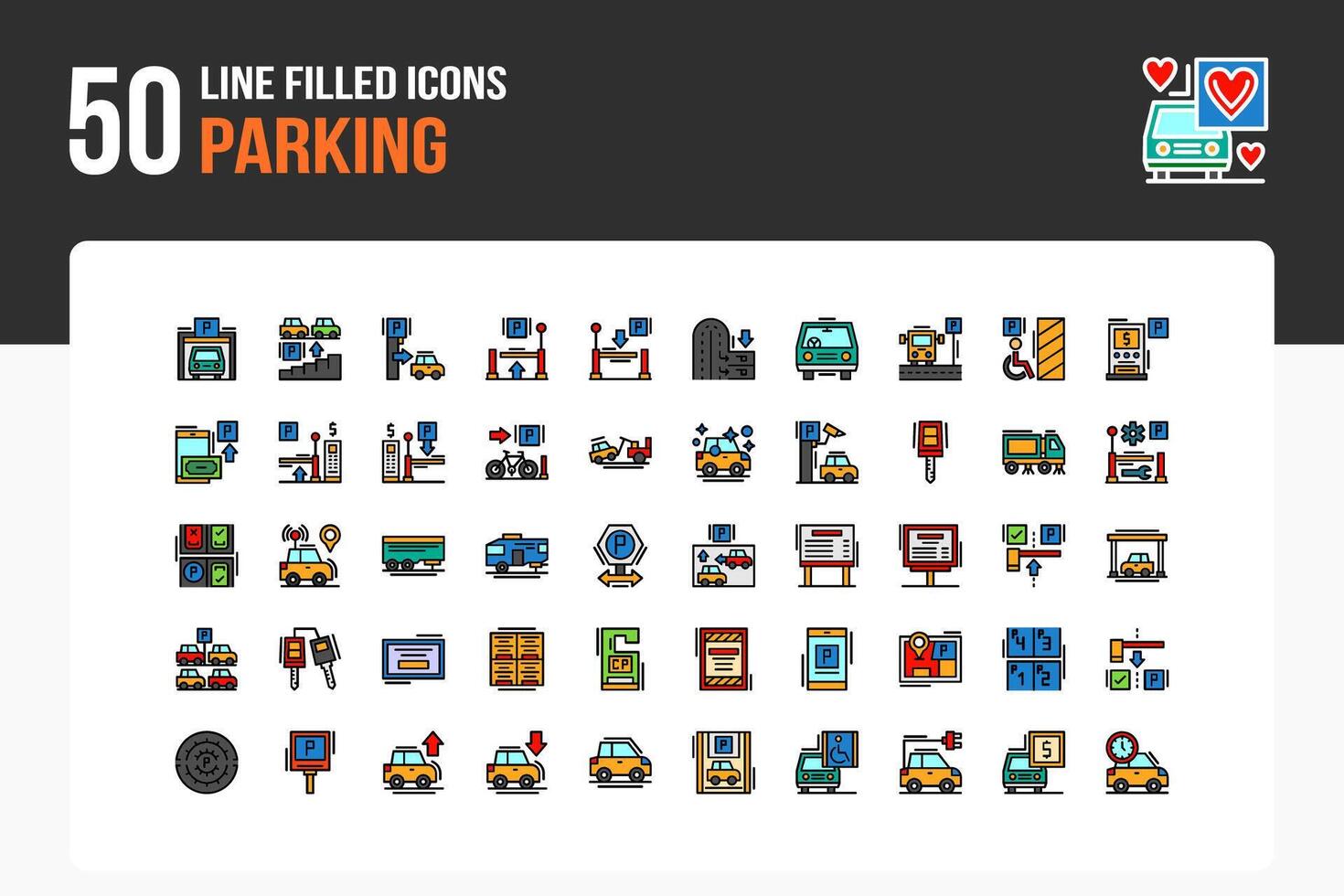 50 Parking Line Filled Icon Sheet vector