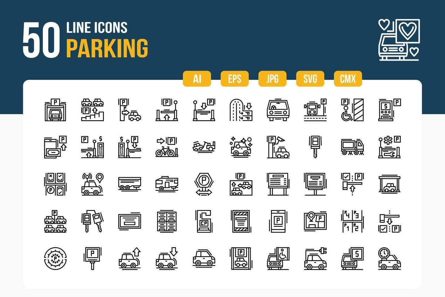 50 línea estacionamiento icono sábana vector