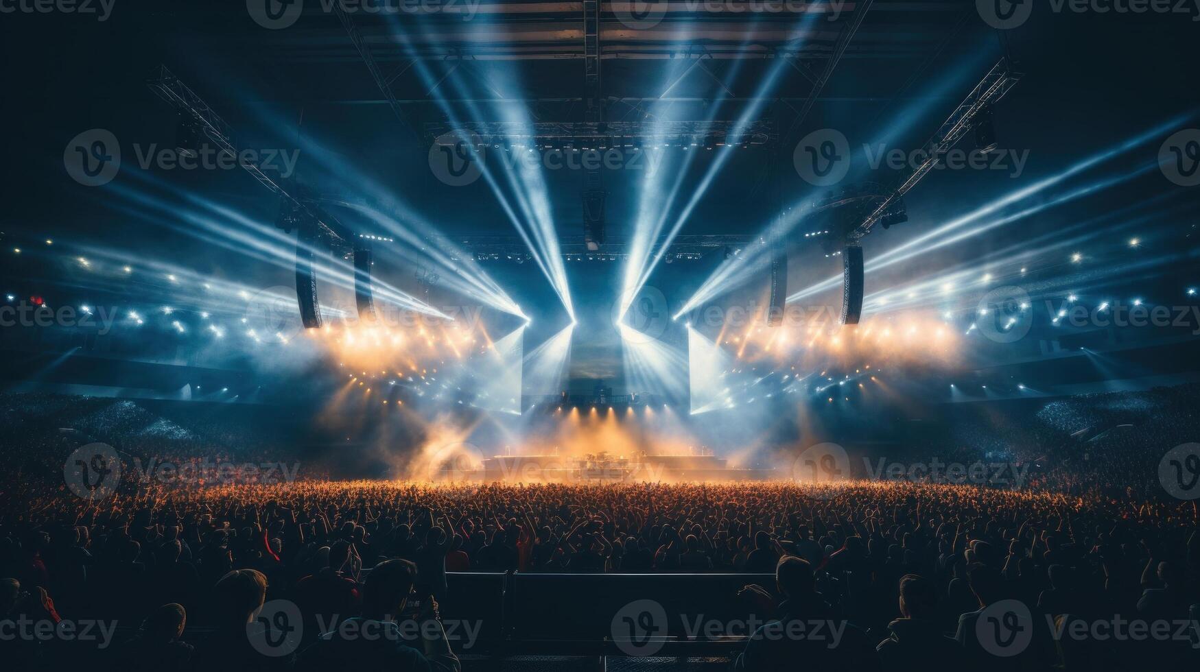 AI generated Concert crowd in front of a bright stage with lights and spotlights photo