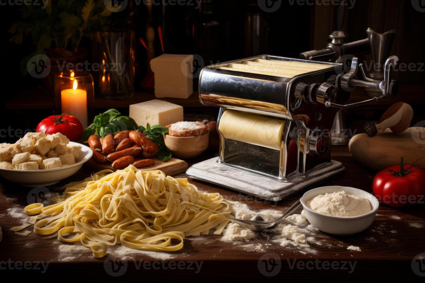 AI generated Multifunctional Pasta maker with dough and products. Generate Ai photo