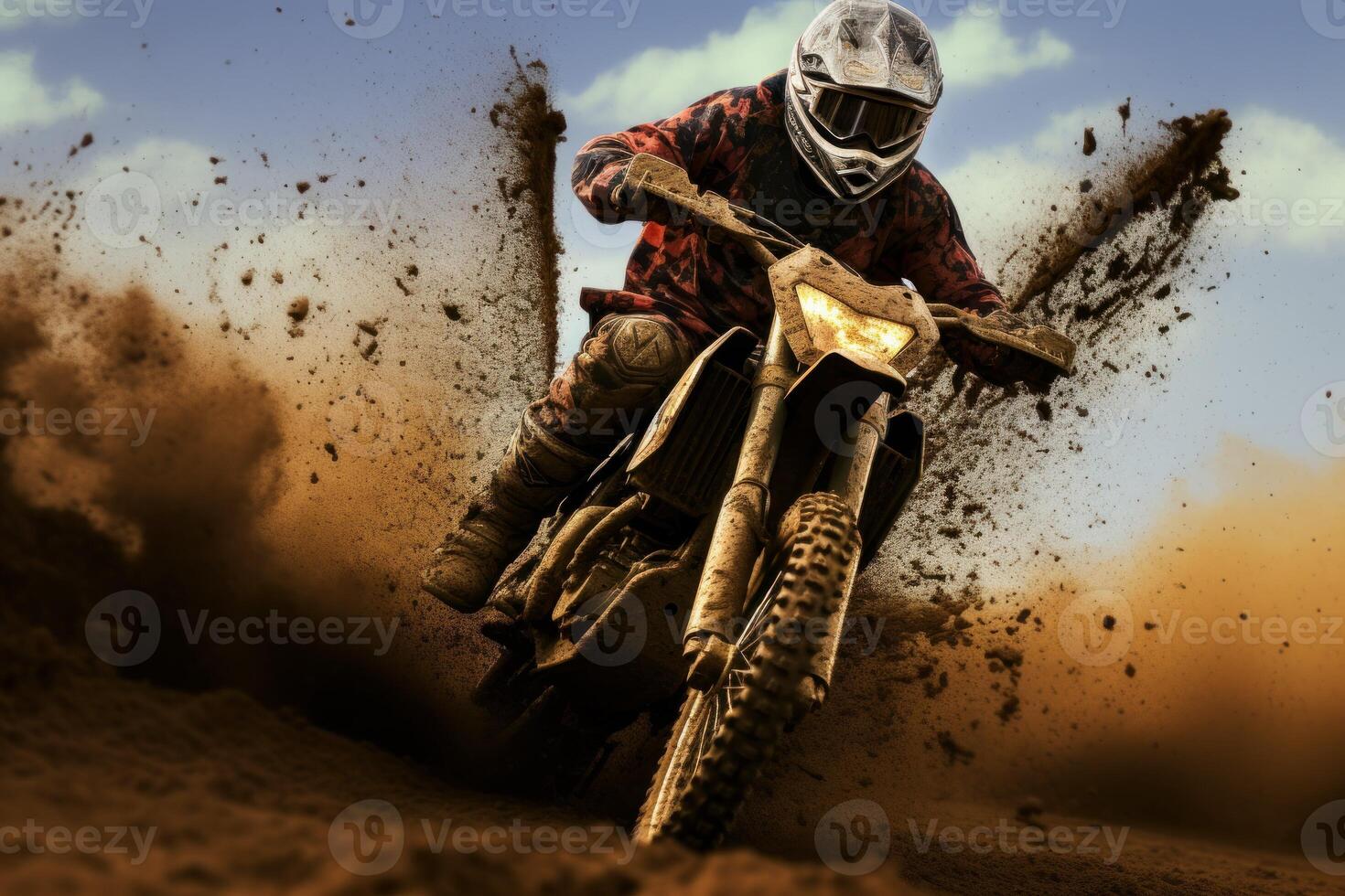 AI generated Muddy Motocross crossing dirt. Generate Ai photo