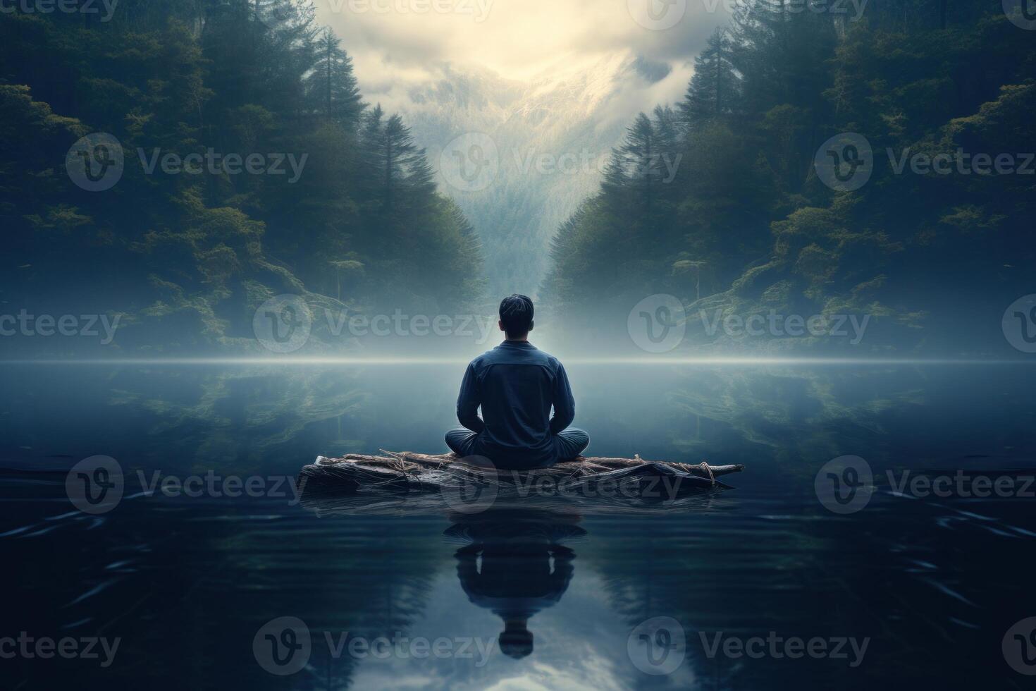 AI generated Person meditation waterfall. Generate Ai photo