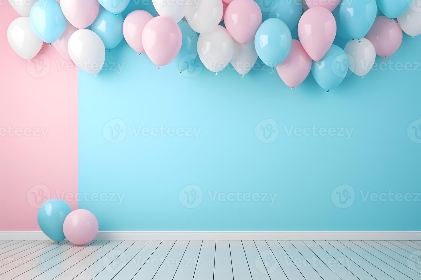AI generated Balloons decoration for birthday celebrations. Blue and pink color. photo