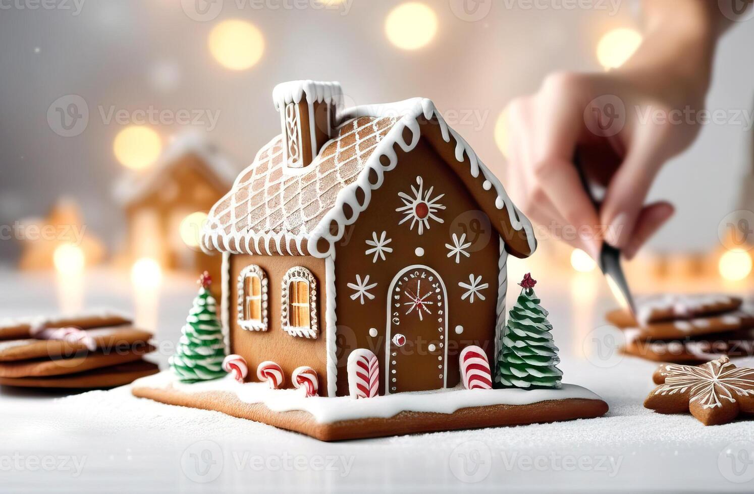 AI Generated A light picture with a gingerbread house decoration, as a symbol for Gingerbread House Day. New Year's and Christmas photo