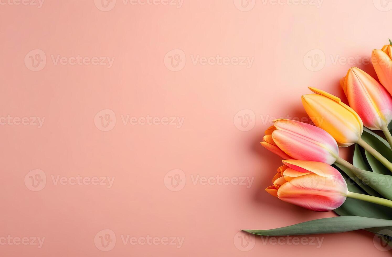 AI Generated Close-up of buds of colored tulips on Peach Fuzz background. Holiday card in peach tones with copy space photo