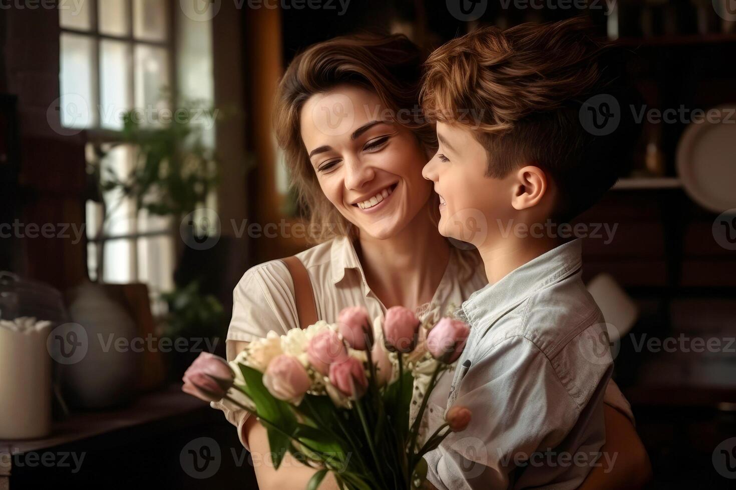 AI Generated little son congratulates his mother on the holiday, gives her flowers and tulips. Mother's Day, Birthday, Women's Day photo