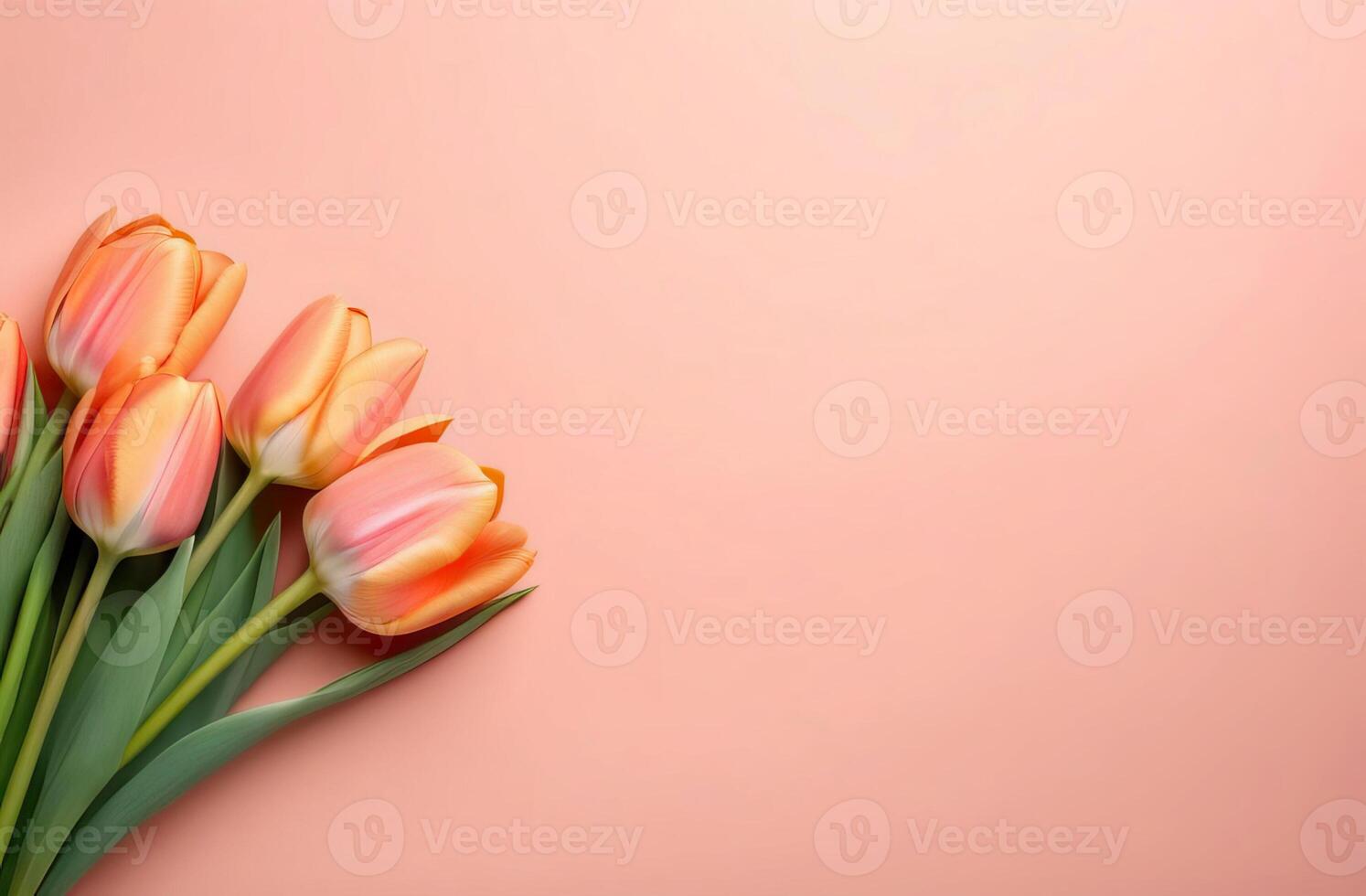 AI Generated Peach Fuzz background with a bouquet of fresh tulips and free copy space. March 8 birthday concept photo