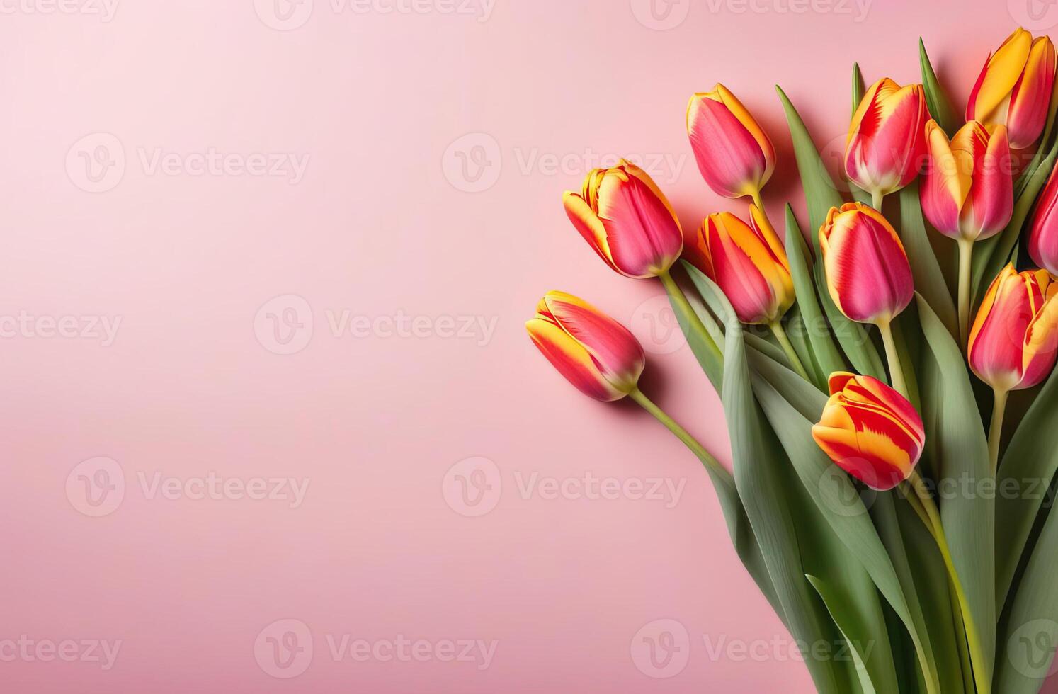 ai generado primavera brillante tulipanes de escarlata y rosado flores en un delicado rosado antecedentes con gratis espacio para escritura texto. tarjeta postal, invitación foto