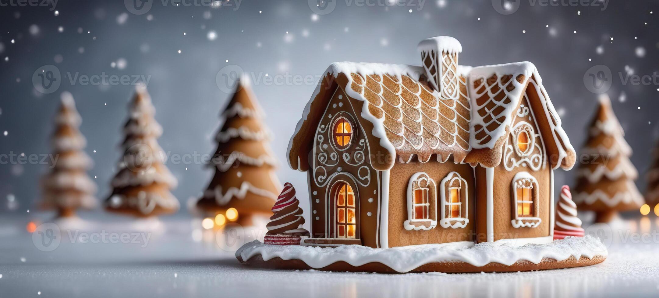 AI Generated Banner with a painted gingerbread house and blurred gingerbread trees on a gray background and snowfall. Space for copy and advertising. New Year Christmas photo