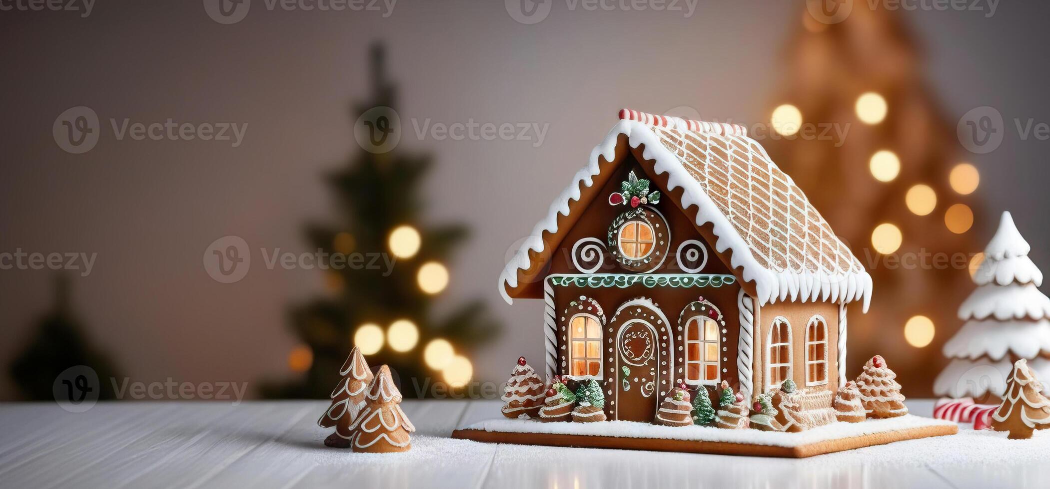 AI Generated New Year's invitation with a decorated gingerbread house and assorted sweets on the table with free space for text. New Year, Christmas, gingerbread house day photo