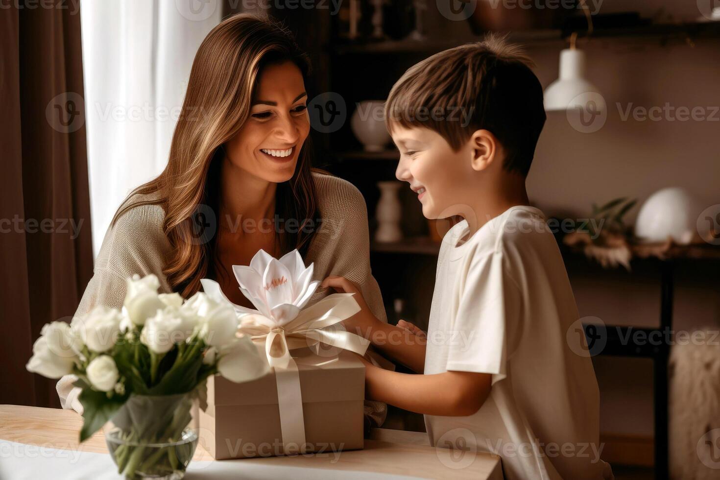 AI Generated Postcard with a gift box on the background of a smiling mother and son. Mother's Day, March 8, birthday photo