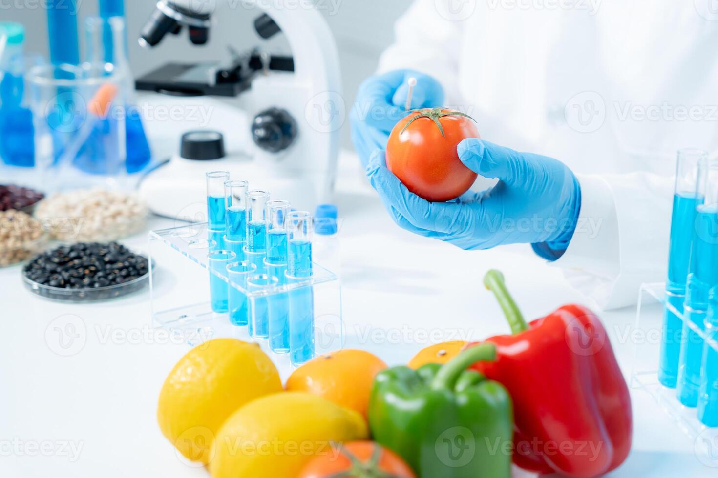 Scientist check chemical food residues in laboratory. Control experts inspect quality of fruits, vegetables. lab, hazards, ROHs, find prohibited substances, contaminate, Microscope, Microbiologist photo