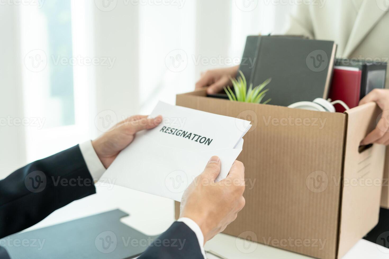 resignation, leave, quit, Business owner read resignation letter from employee. staff is lifting a brown paper box that holds personal items. , job placement and vacancies, resignation letter photo