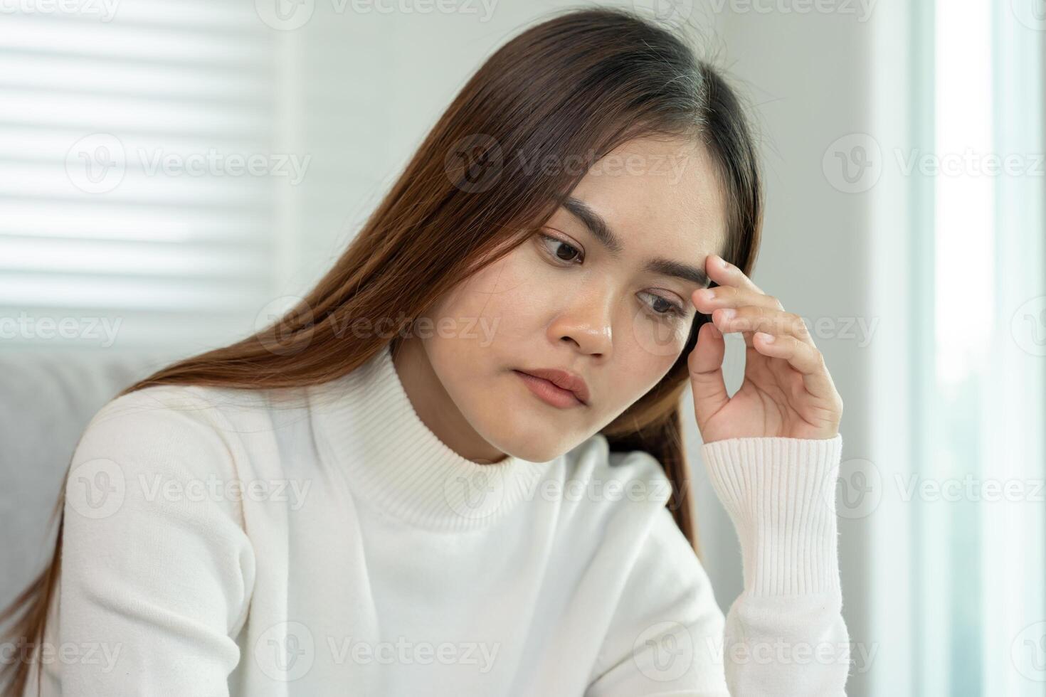 Unhappy asian woman girl disappointed, sad about problem in home alone, feel lonely, Stressed, suffering from bad relationship, break up, divorce, female confused, depression mental health, loneliness photo