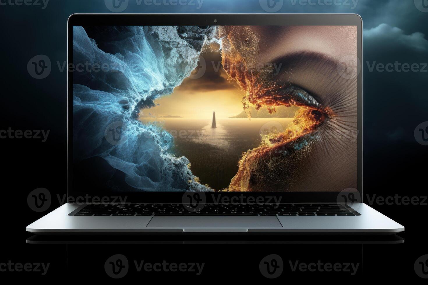 AI generated Sleek Photo of open laptop screen on black surface. Generate ai