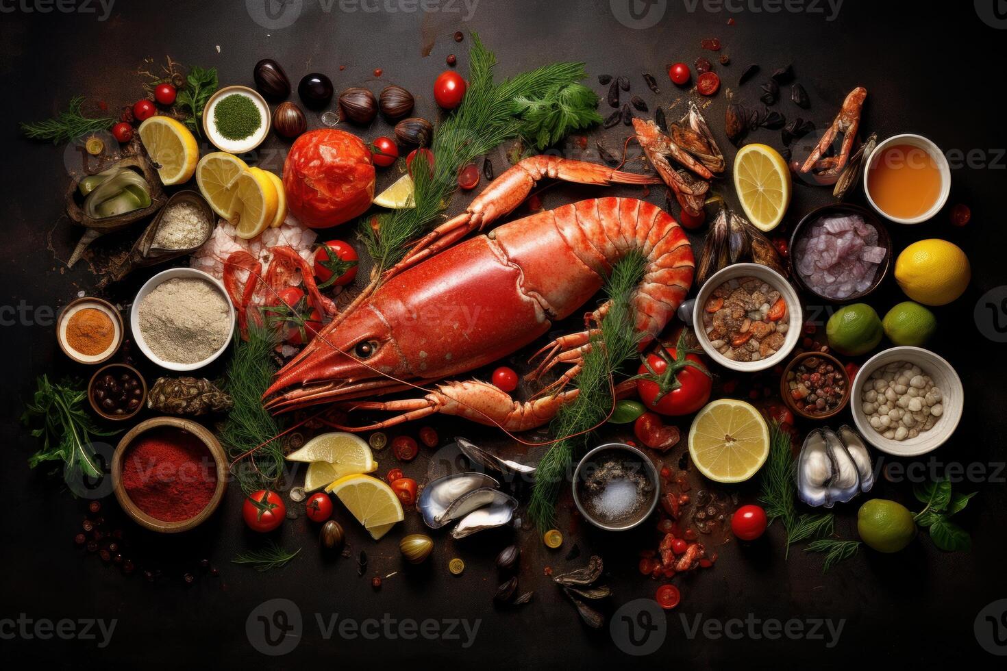 AI generated Colorful Overhead shot seafood meal. Generate Ai photo