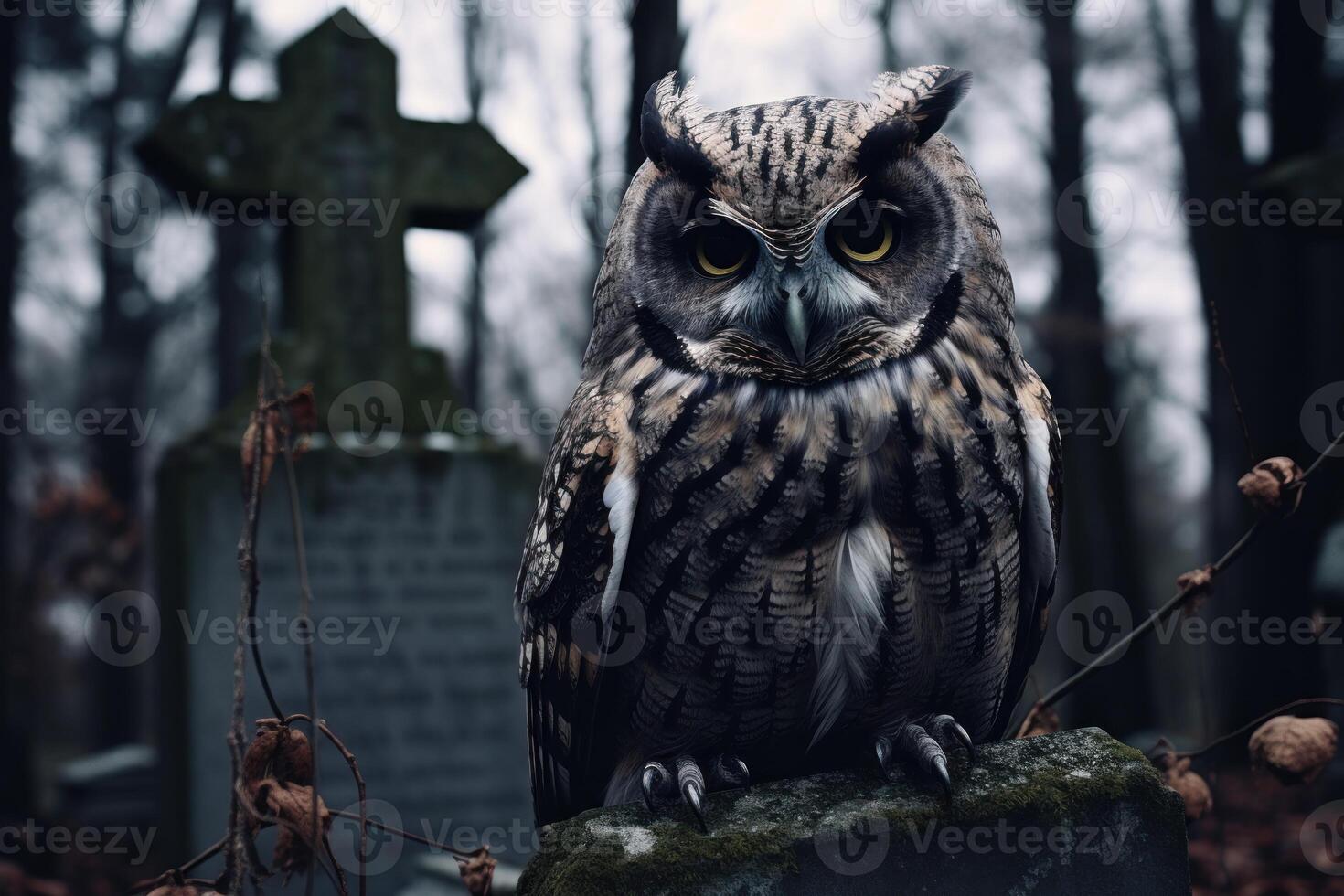 ai generado solemne búho sentado en cementerio Roca tumba. generar ai foto