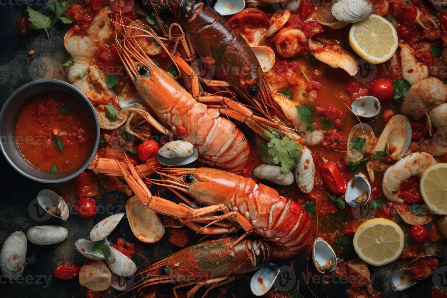 AI generated Appetizing Overhead shot seafood meal. Generate Ai photo