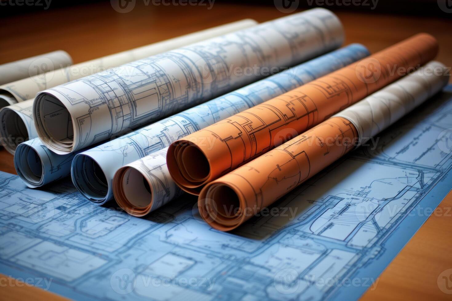 AI generated Technical Paper blueprints rolls engineer. Generate Ai photo