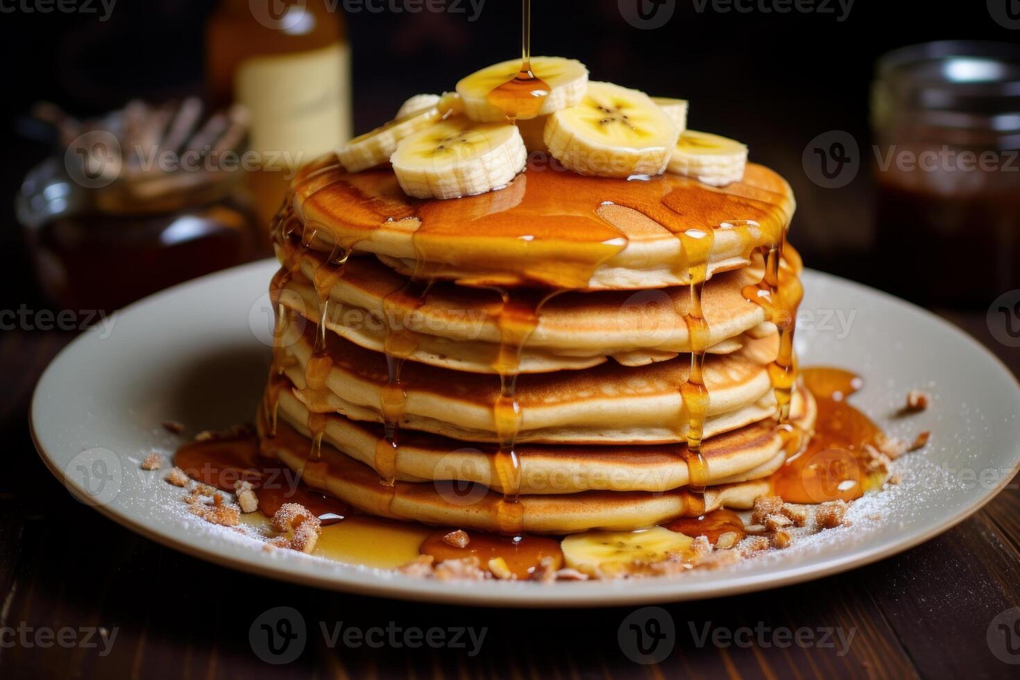 AI generated Pancakes banana honey. Generate Ai photo