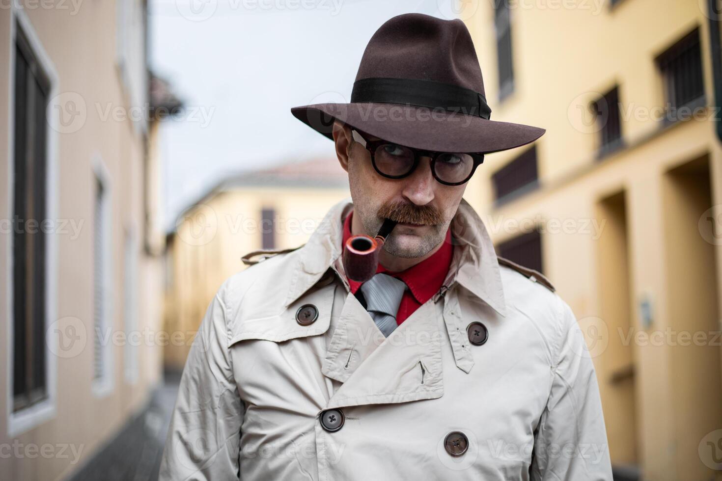 Vintage detective smoking a pipe outdoor in a grungy environment photo