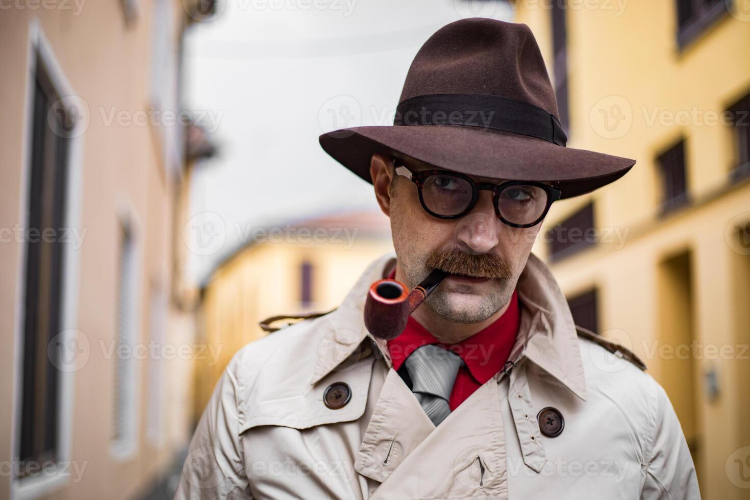 Vintage detective smoking a pipe outdoor in a grungy environment photo