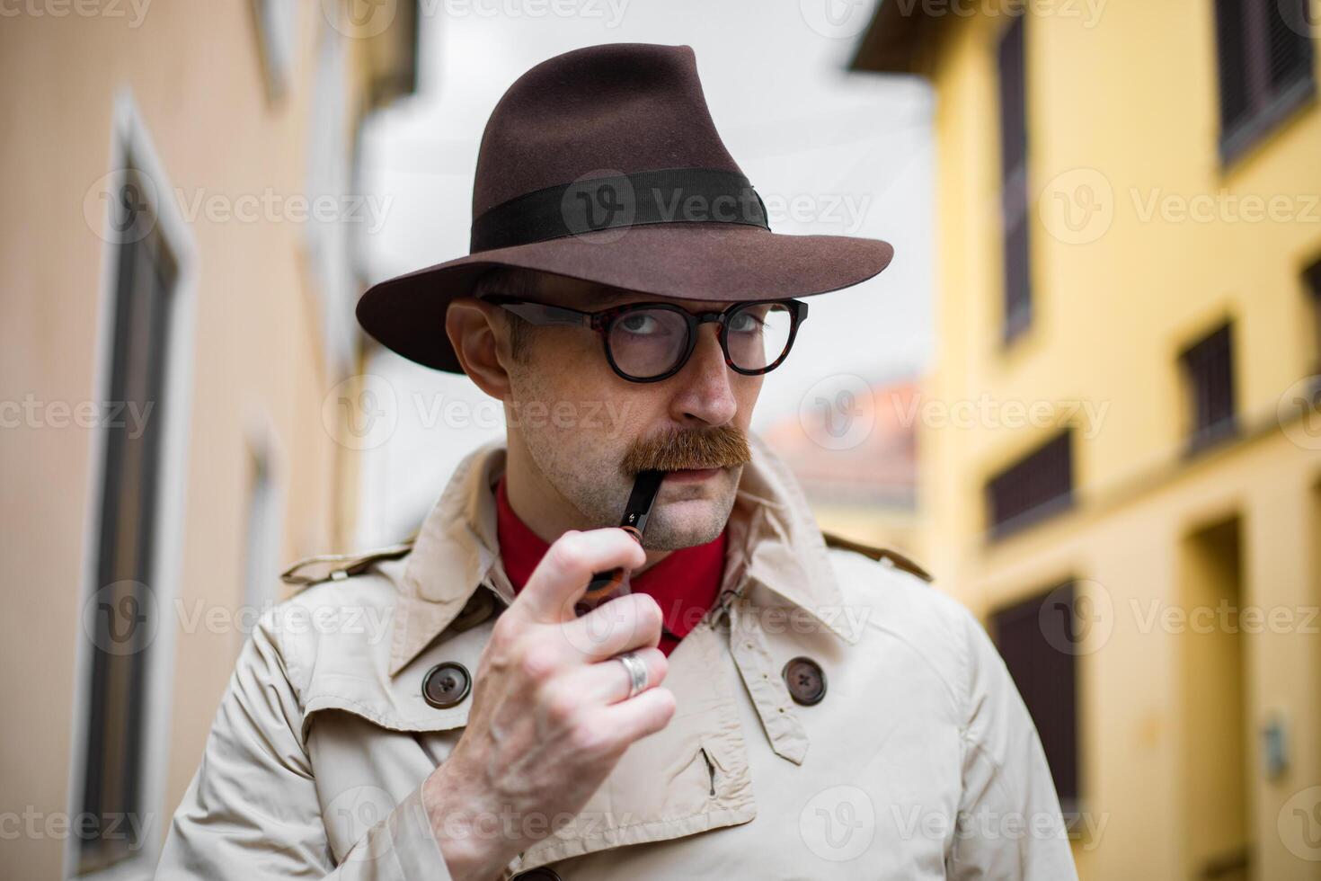 Vintage detective smoking a pipe outdoor in a grungy environment photo