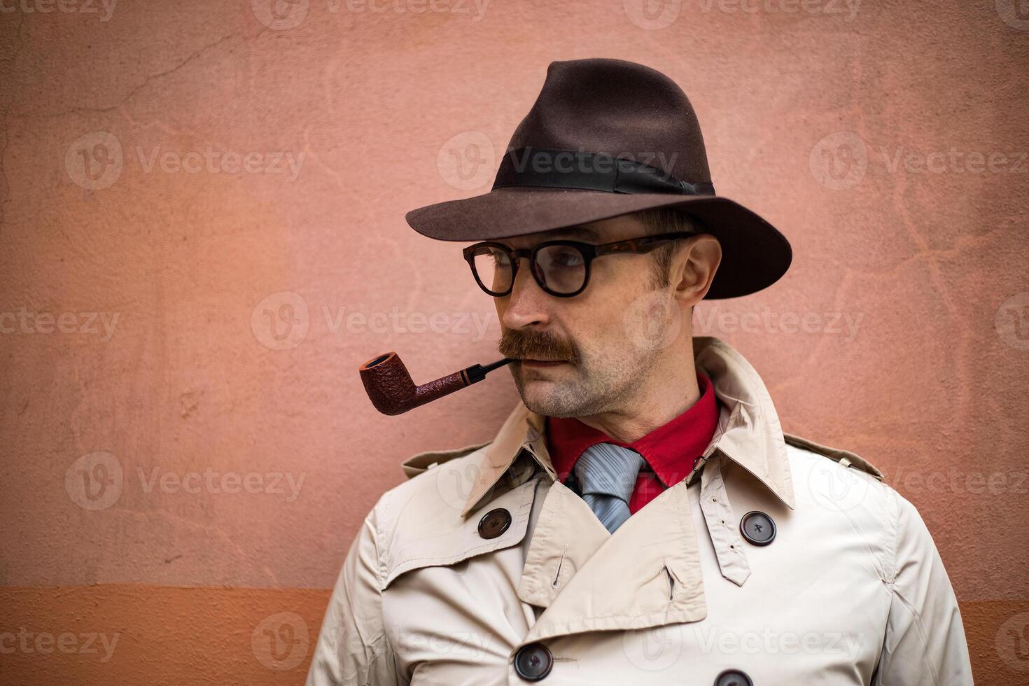 Vintage detective smoking a pipe outdoor in a grungy environment photo