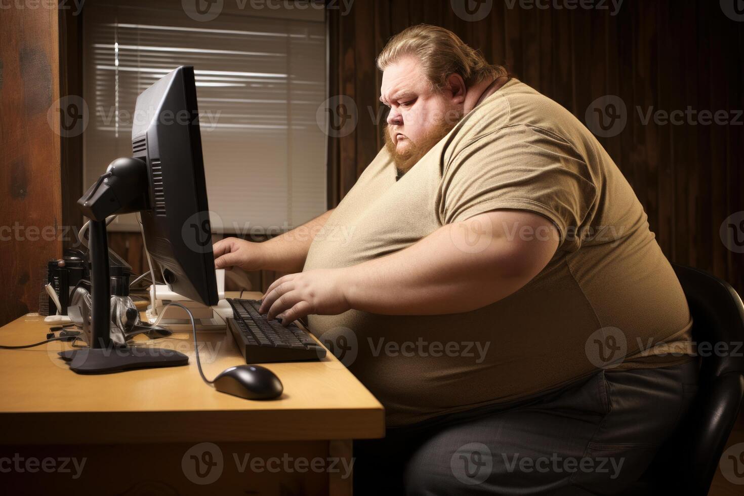 AI generated Fat man computer night work. Generate Ai photo