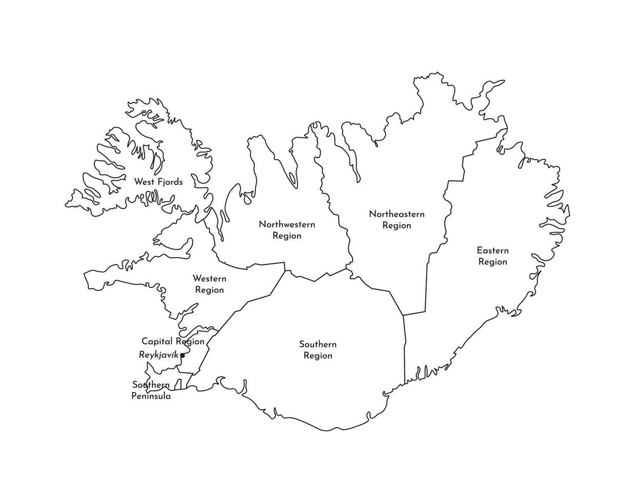 Vector isolated illustration of simplified administrative map of Iceland. Borders and names of the regions. Black line silhouettes.