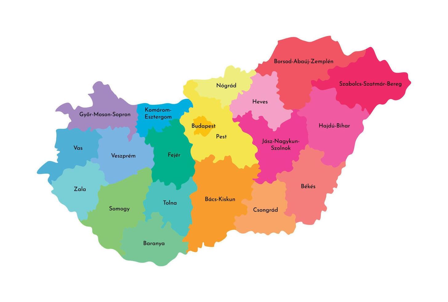 Vector isolated illustration of simplified administrative map of Hungary. Borders and names of the regions. Multi colored silhouettes.