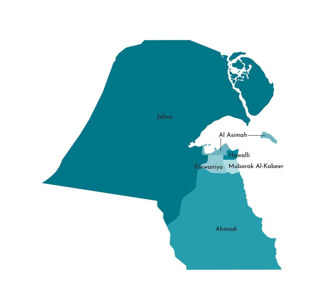 Vector isolated illustration of simplified administrative map of Kuwait. Borders and names of the regions. Colorful blue khaki silhouettes