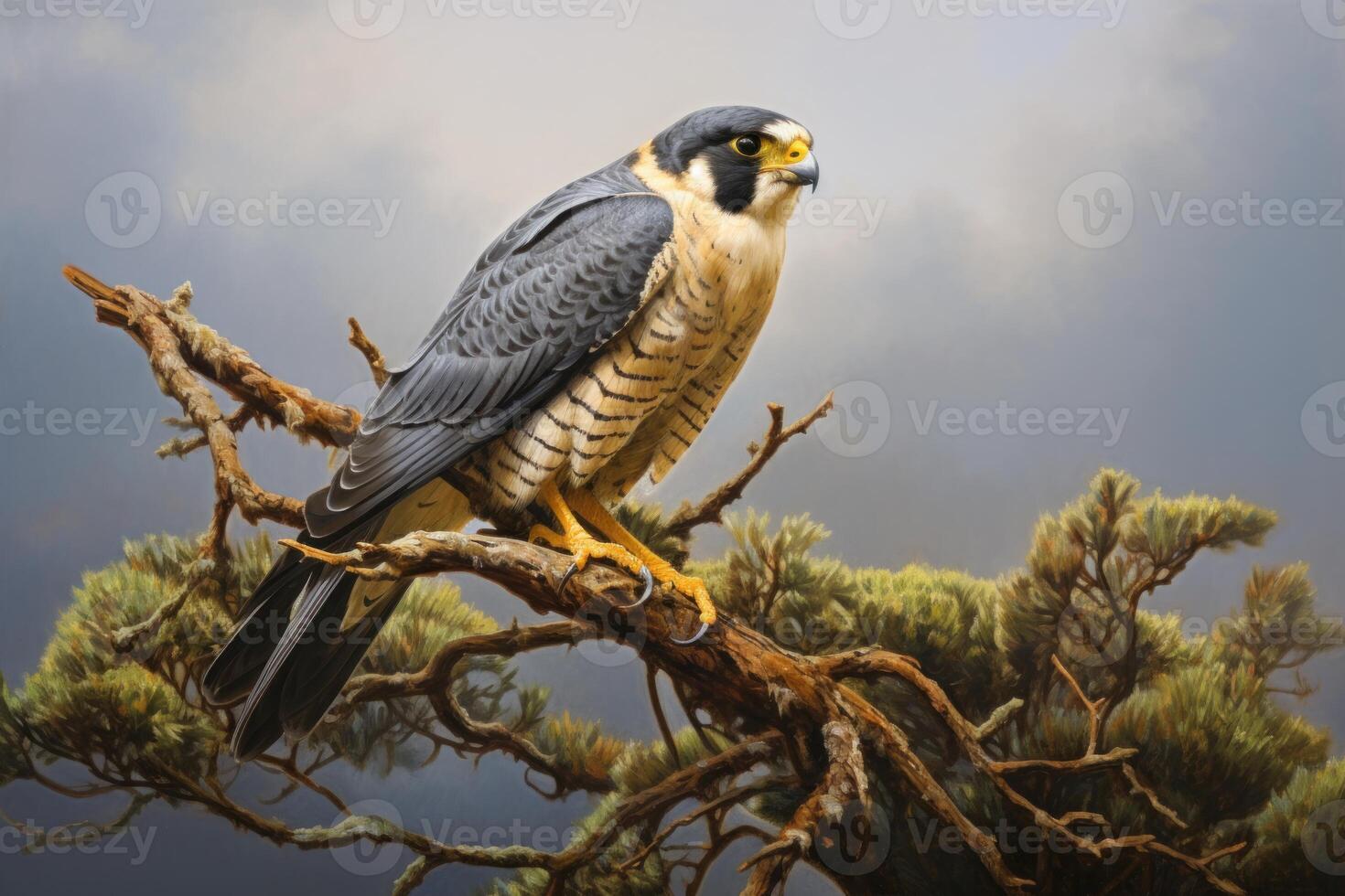 AI generated Peregrine falcon sitting on tree branch. Generate ai photo