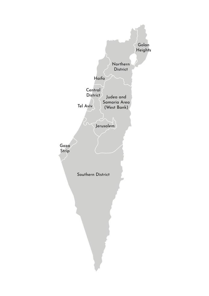 Vector isolated illustration of simplified administrative map of Israel. Borders and names of the districts, regions. Grey silhouettes. White outline