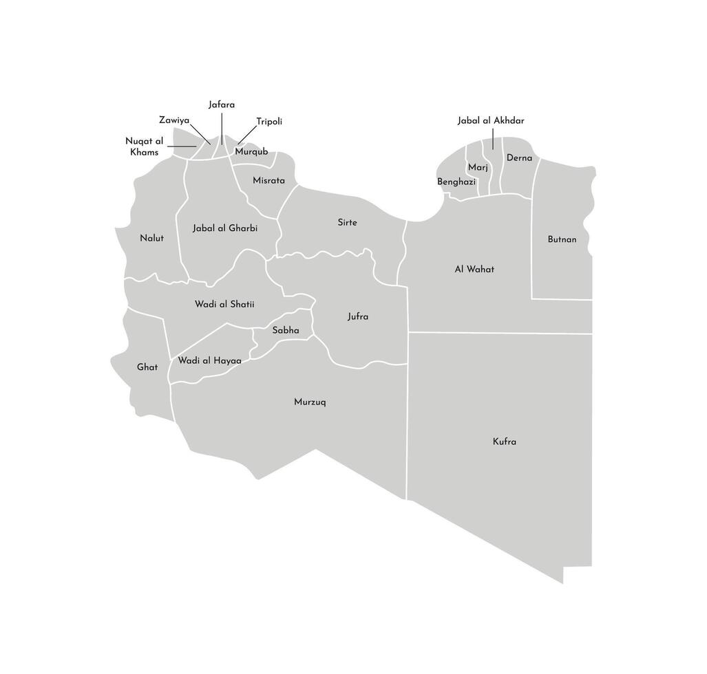 vector aislado ilustración de simplificado administrativo mapa de Libia. fronteras y nombres de el distritos, regiones. gris siluetas blanco contorno