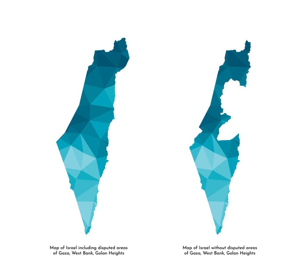 Vector isolated illustration icons with simplified blue silhouettes of Israel map including and without disputed area of Gaza, West Bank, Golan Heights. Polygonal geometric style, triangular shapes