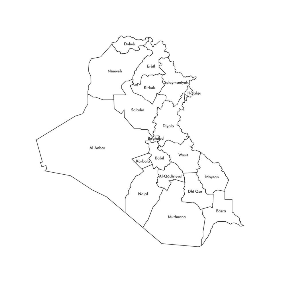 Vector isolated illustration of simplified administrative map of Iraq. Borders and names of the governorates, regions. Black line silhouettes.