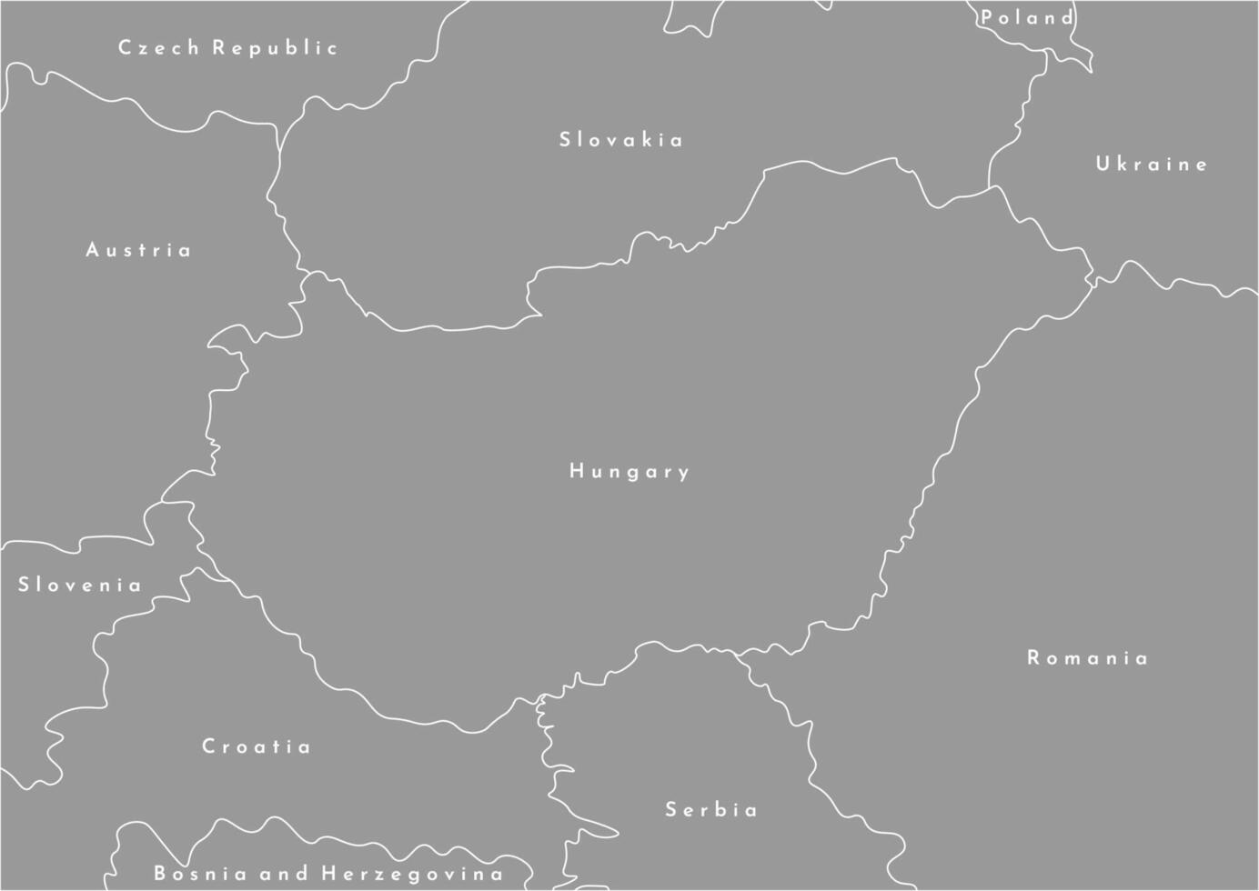 Vector modern illustration. Simplified political map with Hungary in the cener and borders with neighboring countries. Grey color, white outlune