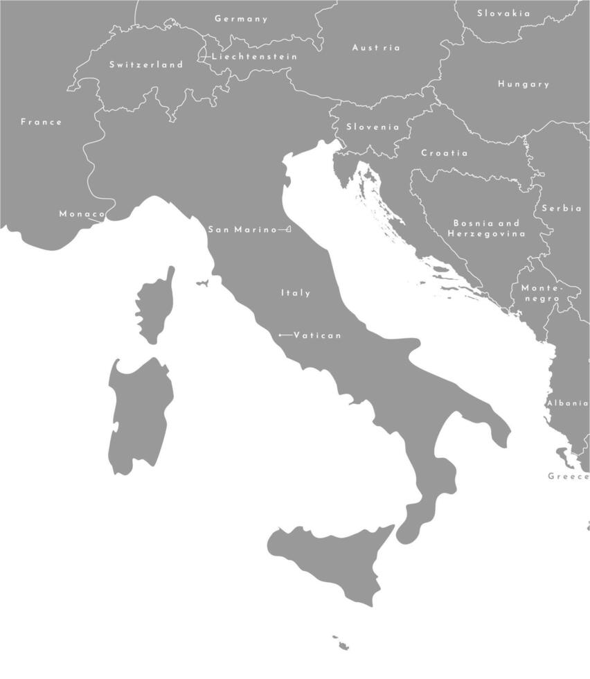 Vector modern illustration. Simplified grey map of Italy in the centre and borders with neighboring european countries. White background and outlines.