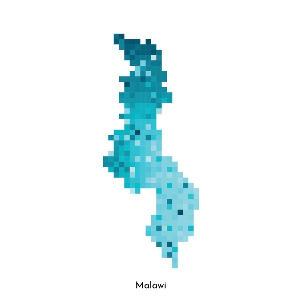 Vector isolated geometric illustration with simple icy blue shape of Malawi map. Pixel art style for NFT template. Dotted logo with gradient texture for design on white background
