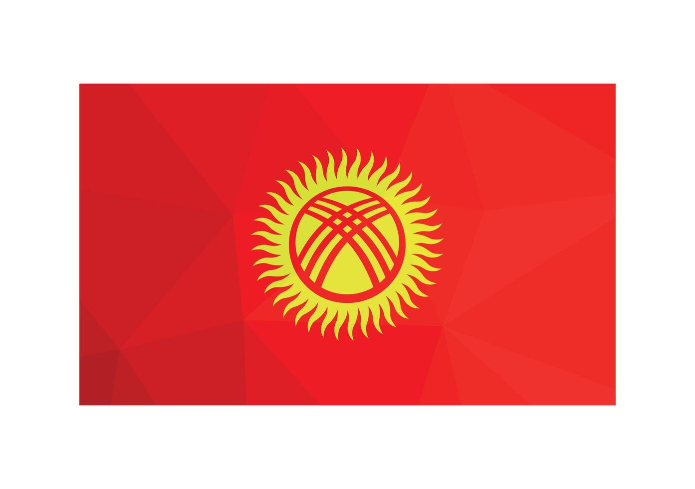 Vector illustration. Official ensign of Kyrgyzstan. National flag in red and yellow colors. Creative design in low poly style with triangular shapes. Gradient effect