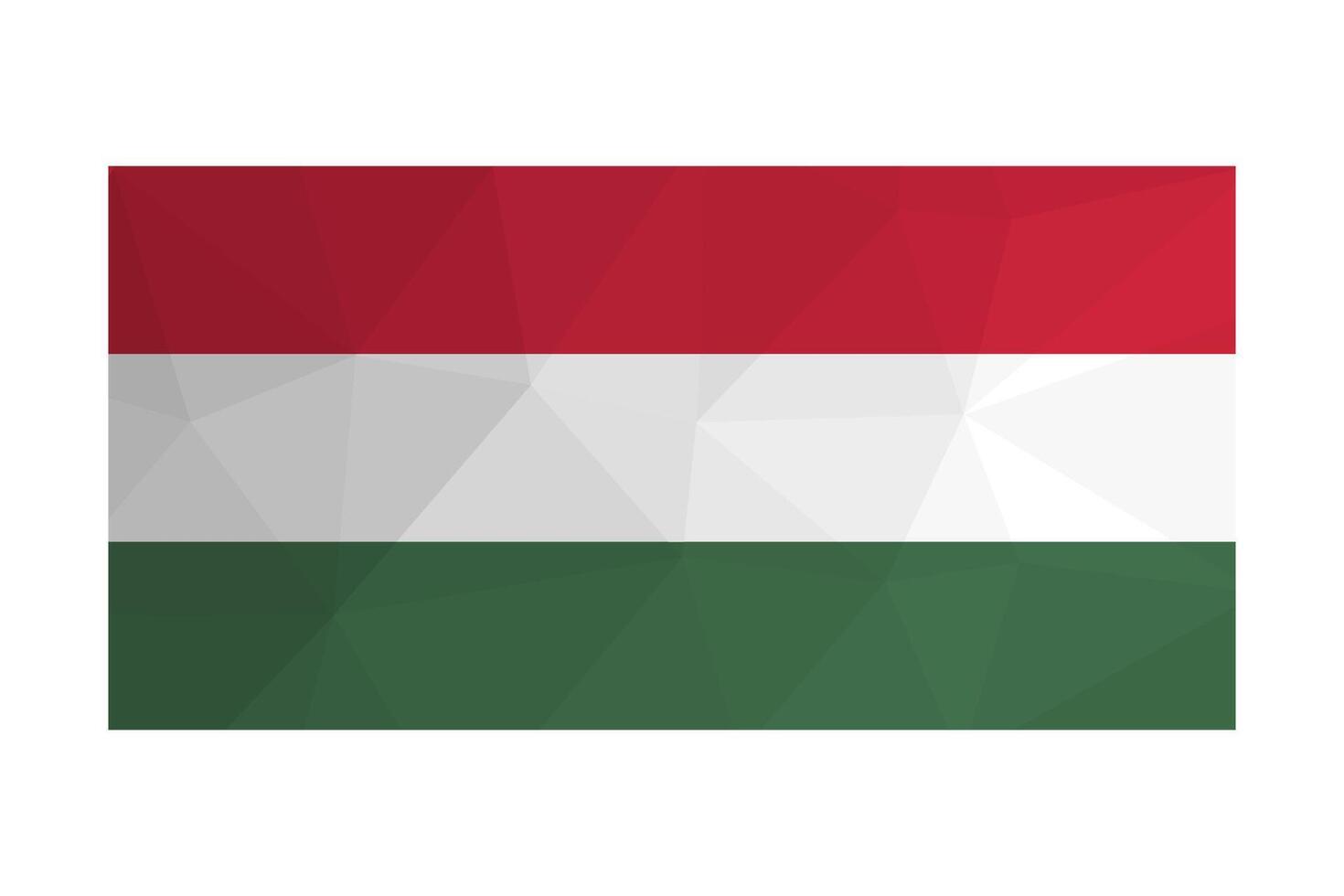 Vector isolated illustration. National Hungarian flag with tricolour of red, white and green. Official symbol of Hungary. Creative design in low poly style with triangular shapes.